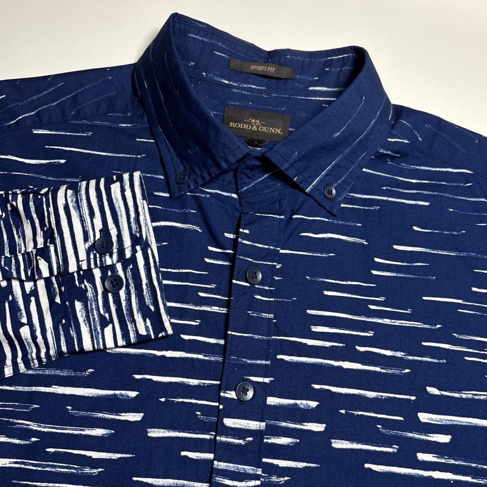 Rodd & Gunn Sports Fit Mens L Blue White Brushstroke Cotton Button Down Shirt